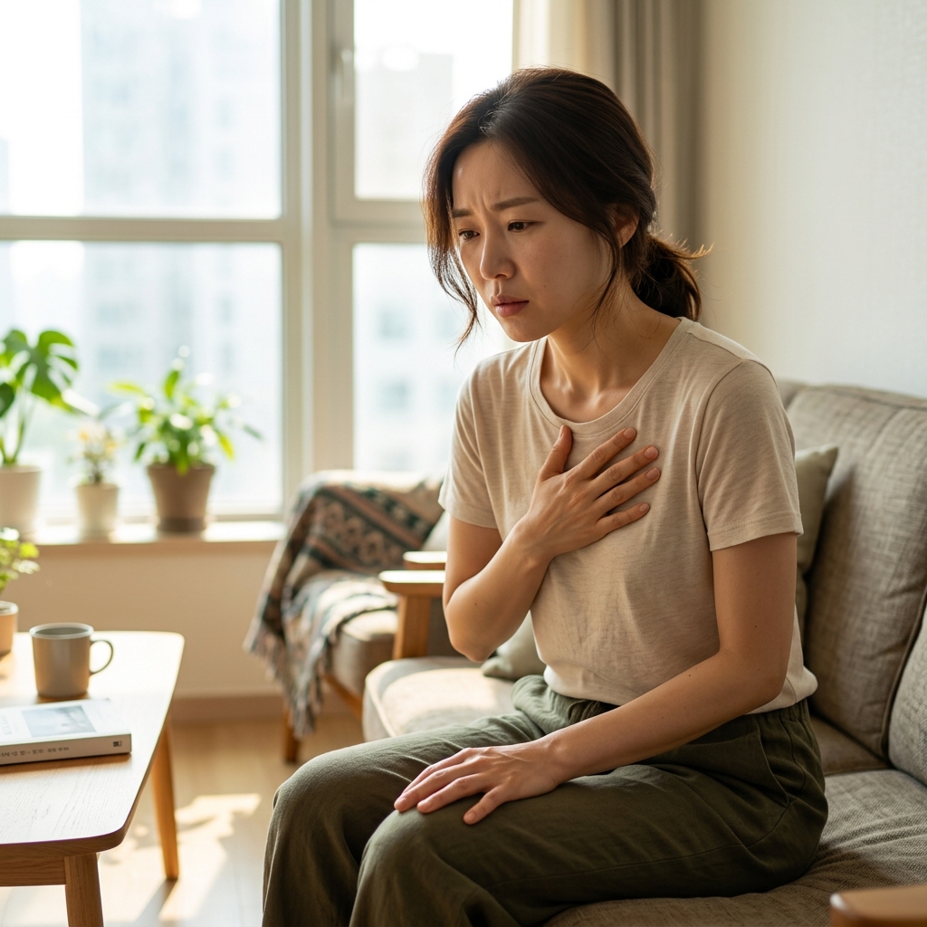 30대 여성이 거실에서 얇은 반팔 티셔츠를 입고 가슴 부위에 손을 얹으며 불편한 표정을 짓는 모습, 밝은 자연광이 들어오는 창가