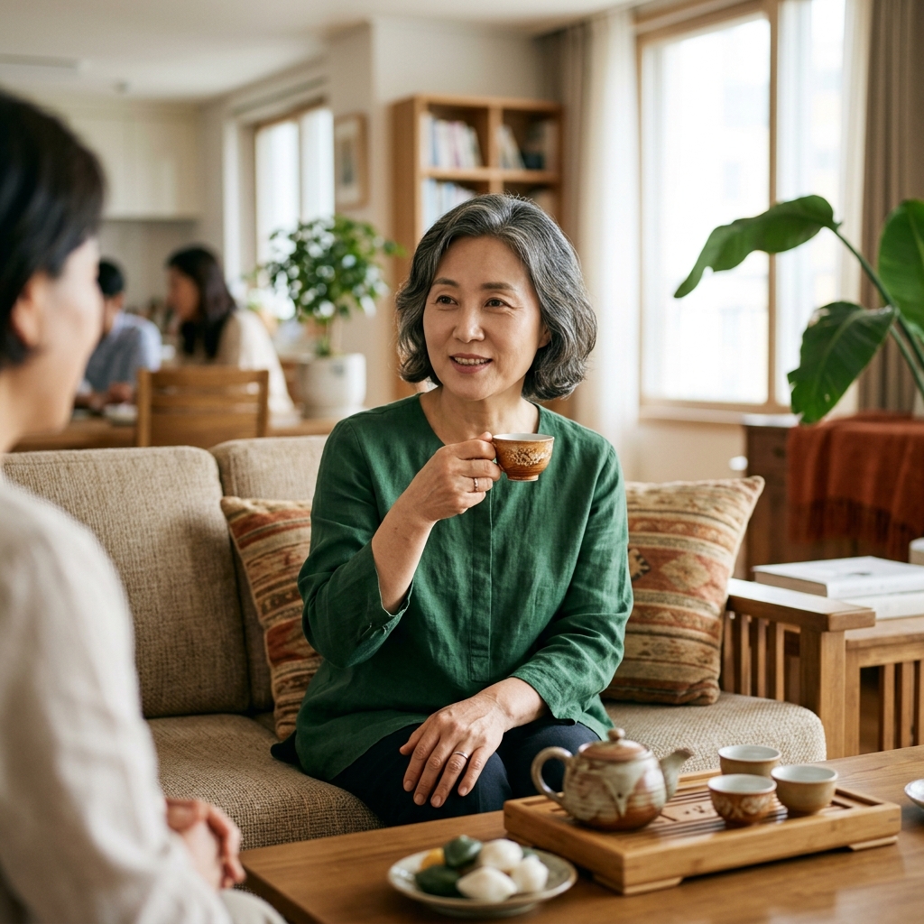50대 중반 여성이 거실 소파에 앉아 차분한 표정으로 차를 마시며 명절 대화를 나누는 모습, 긴팔 블라우스 차림, 자연스러운 실내 조명