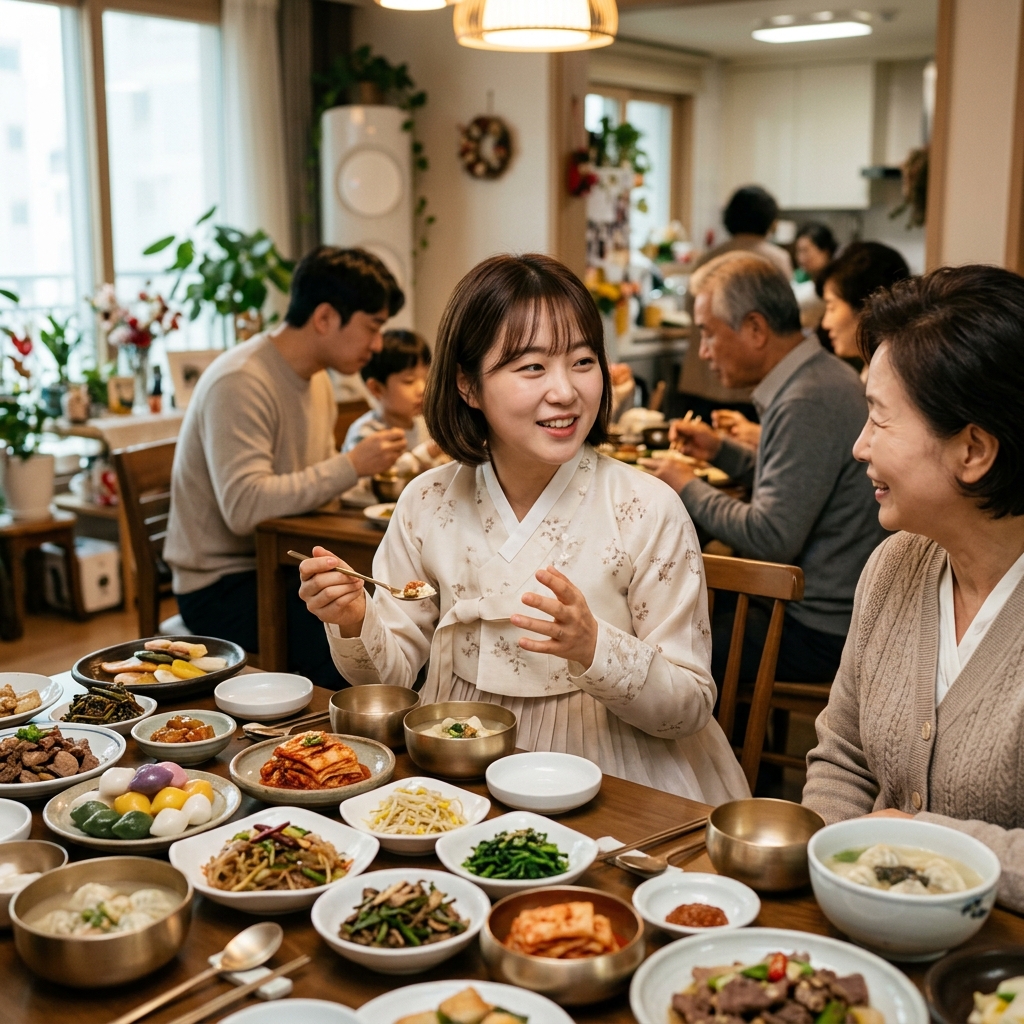 명절 식탁에서 여성이 미소 지으며 다른 친척에게 말을 건네는 모습, 긴팔 한복 차림, 따뜻한 실내 조명