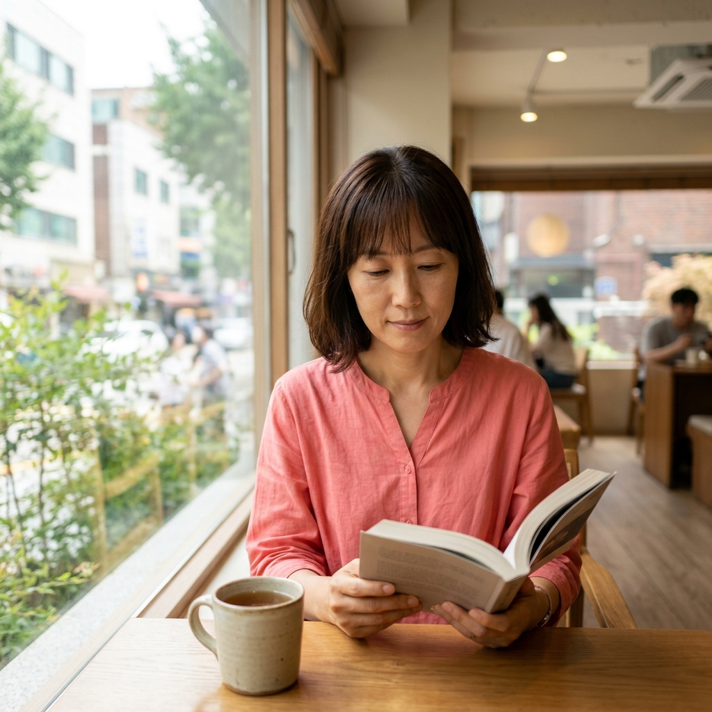 창가에서 혼자 책을 읽으며 차를 마시는 중년 여성의 여유로운 오후