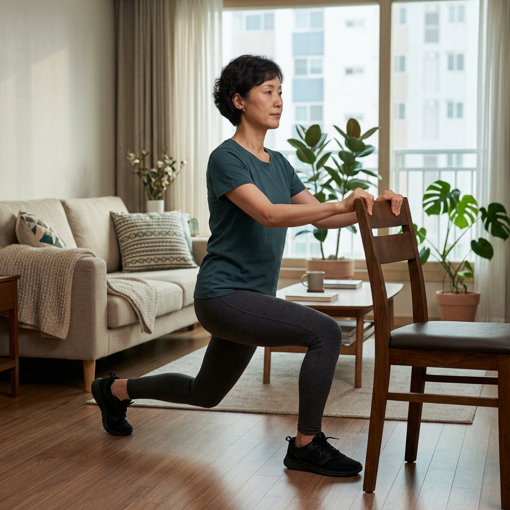 의자를 잡고 런지 동작을 하는 48세 여성, 짧은 소매 티셔츠와 레깅스 착용, 집안 거실 배경