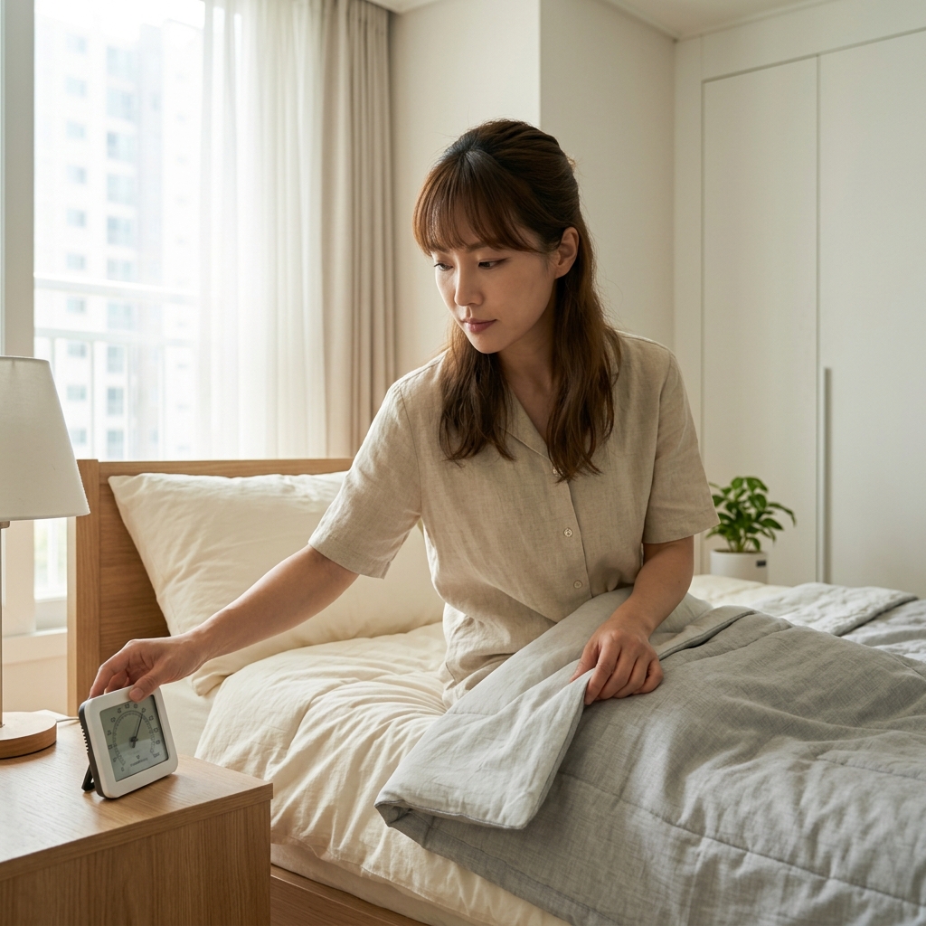 30대 여성이 침실에서 수면 환경을 점검하는 모습