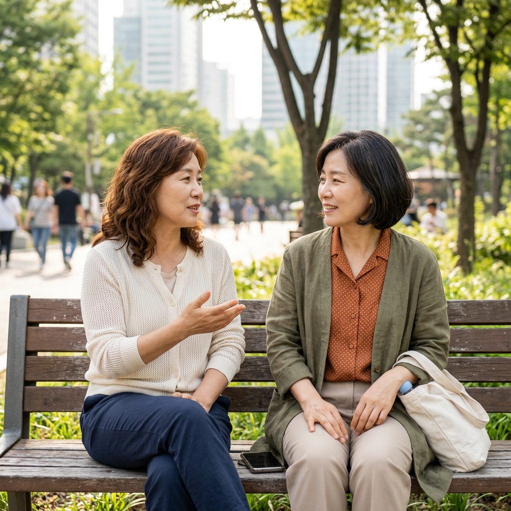 50대 여성 두 명이 밝은 카디건을 입고 공원 벤치에 나란히 앉아 대화하는 모습