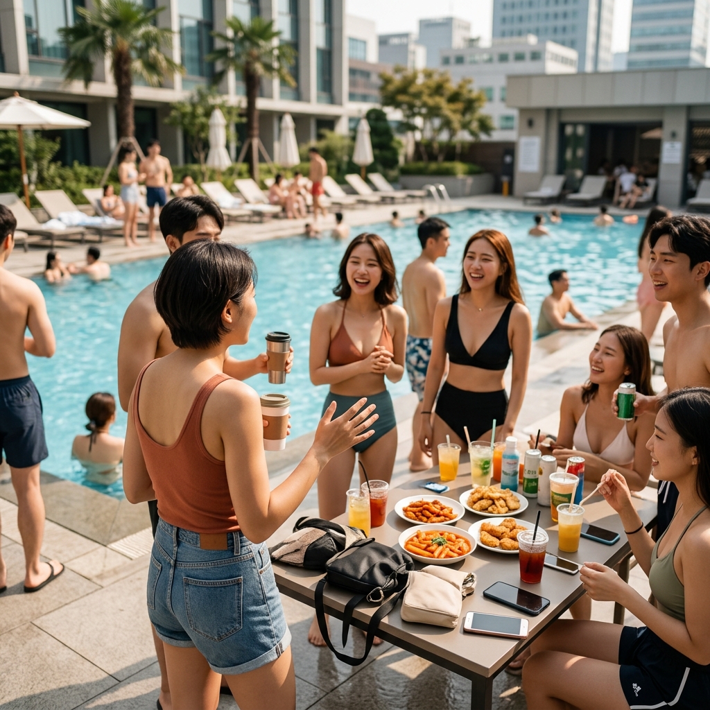 햇살 아래 야외 수영장 파티 풍경