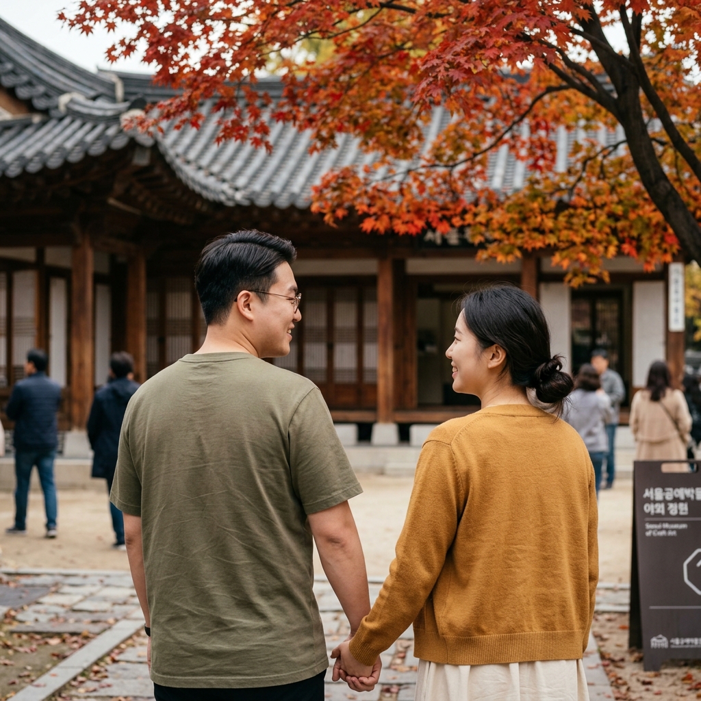 서울공예박물관 야외 정원에서 한옥 건물을 배경으로 단풍나무 아래를 거닐고 있는 한국인 커플