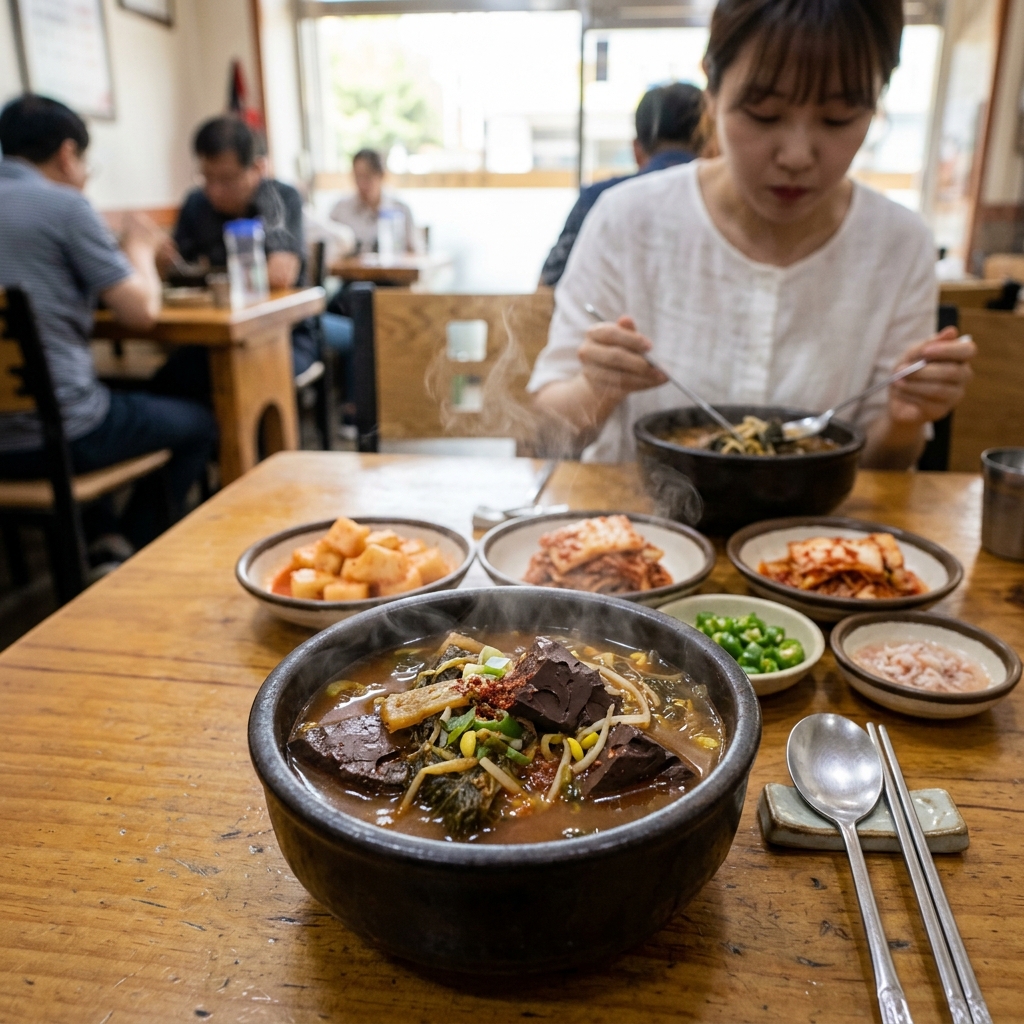 김이 모락모락 나는 선지해장국 한 그릇