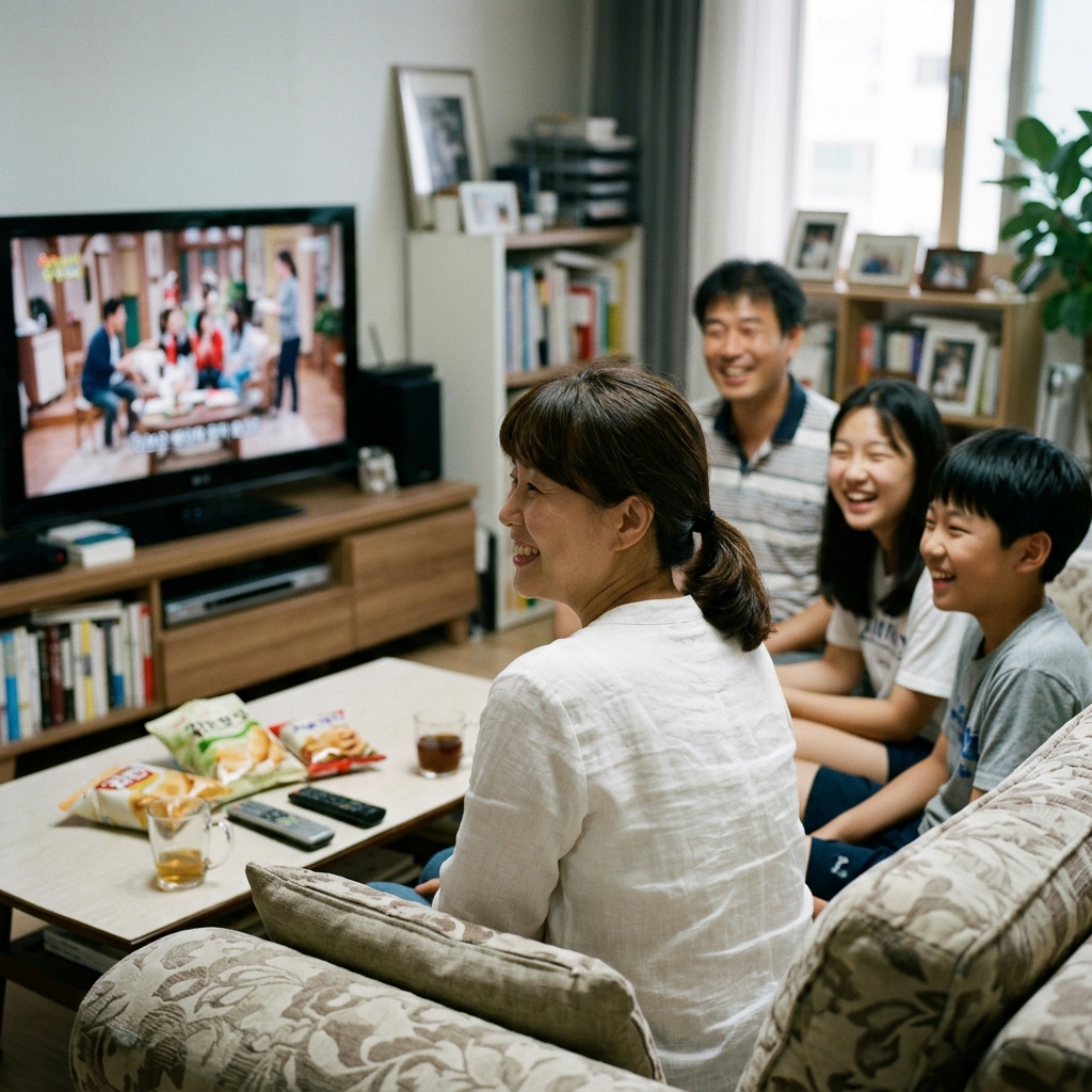TV 앞에 모여 시트콤 보며 웃는 가족들