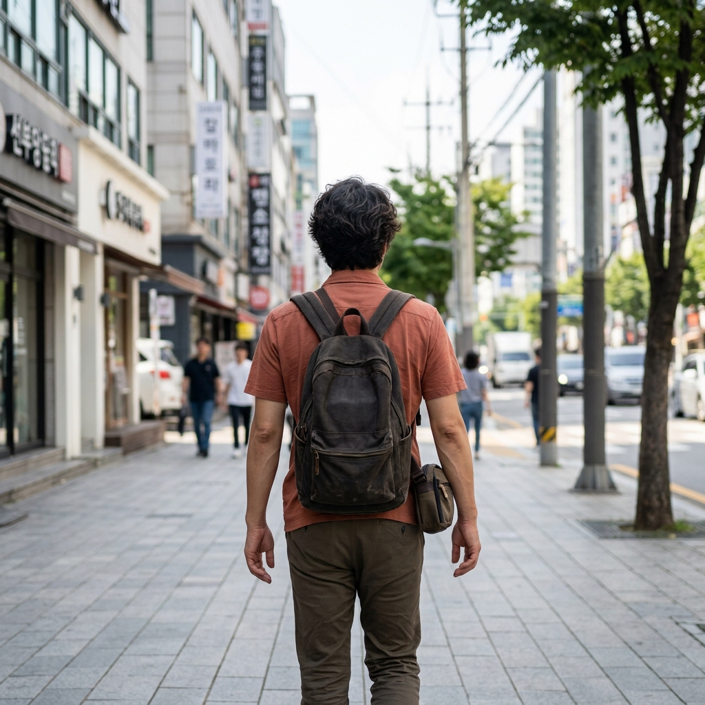 도심 거리를 혼자 걷는 여행자의 뒷모습
