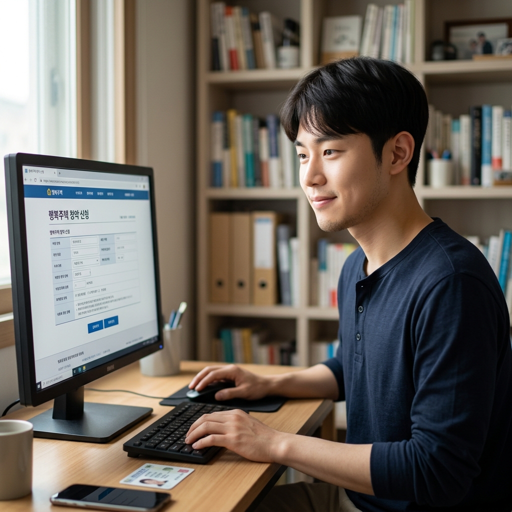 컴퓨터 앞에서 행복주택 청약 신청서를 작성하는 청년의 모습
