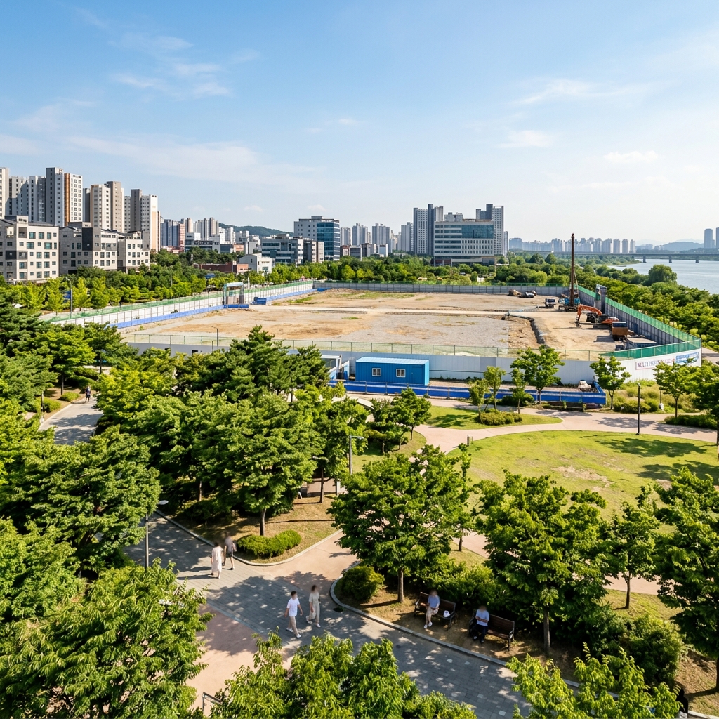 서울 고덕동 신사옥 예정 부지와 인근 공원 전경