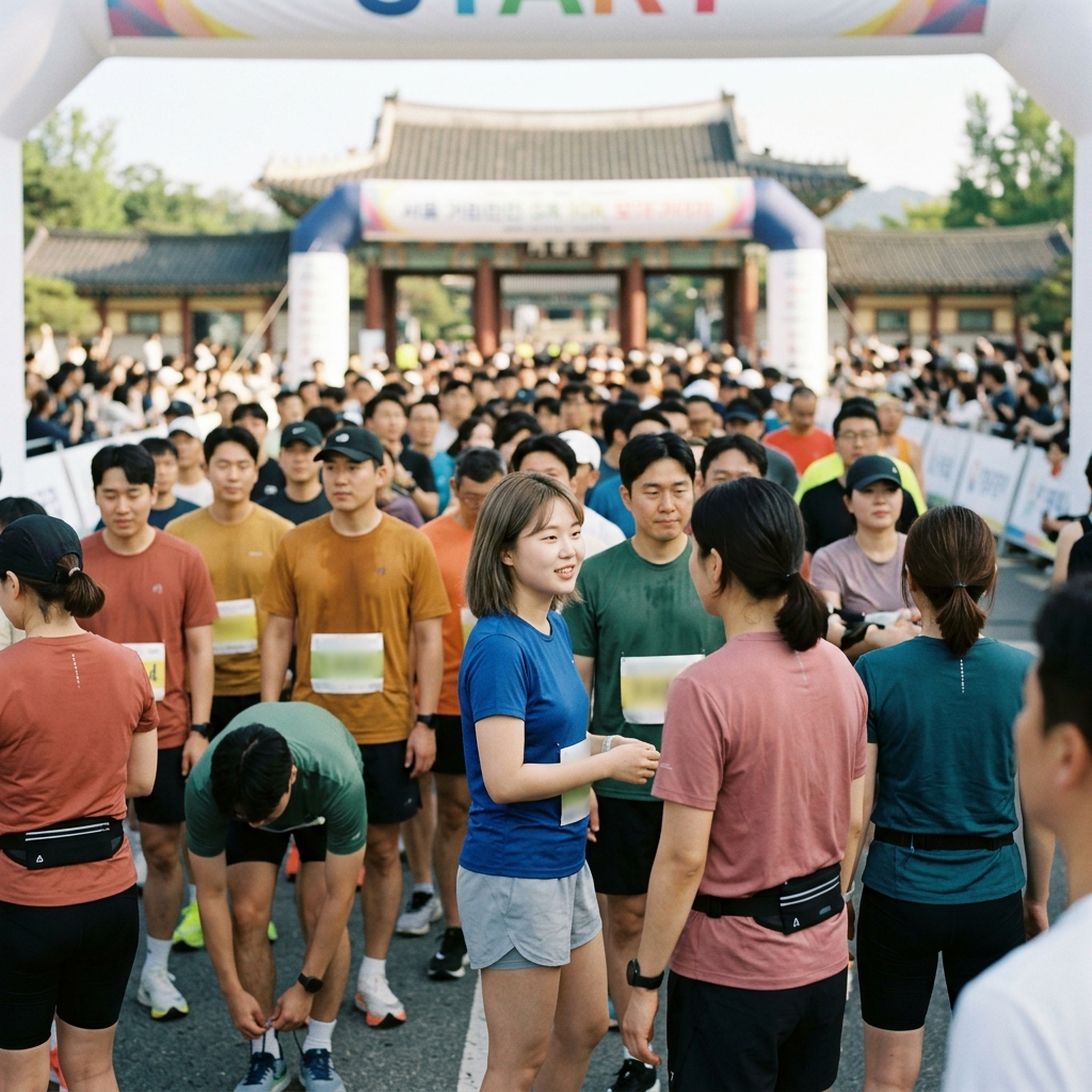 서울 어린이대공원 입구에서 10K 마라톤 참가자들이 출발을 기다리는 모습