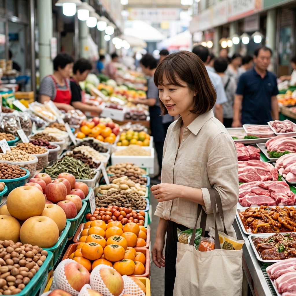 전통시장에서 명절 장보기를 하는 사람들과 농축산물이 진열된 좌판 모습