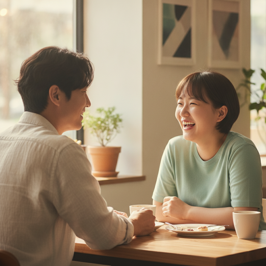 연인이 함께 웃으며 대화하는 자연스러운 일상 장면