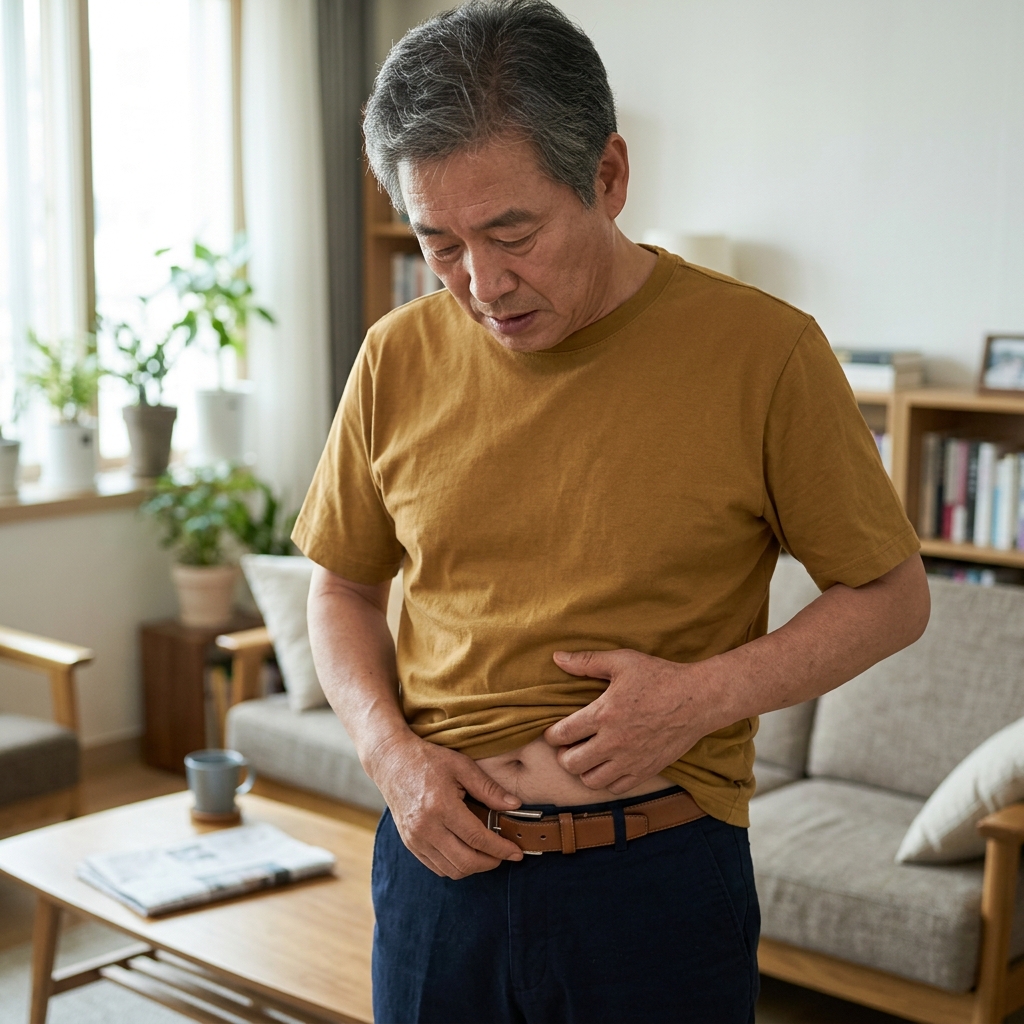 60대 남성이 허리춤 벨트 버클을 풀며 배 주변을 살피는 모습, 실내 자연광