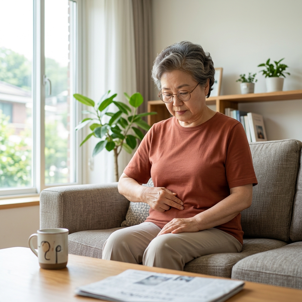 70대 남성이 거실 소파에 앉아 배꼽 주변을 손으로 누르며 박동을 확인하는 모습, 얇은 반팔 셔츠 착용, 창밖으로 햇빛이 들어오는 여름 실내
