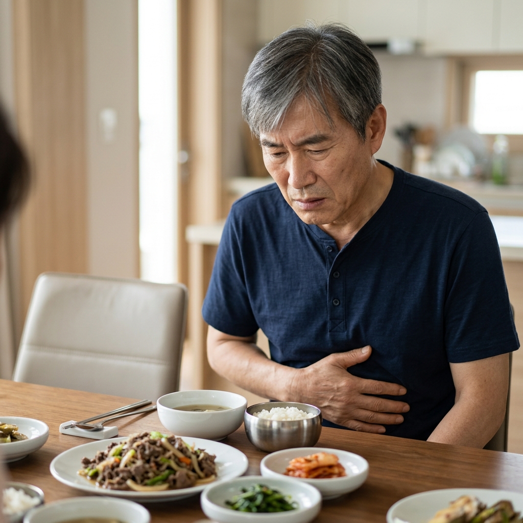 70대 어르신이 식탁에서 고기 반찬을 앞에 두고 배를 움켜쥔 채 불편한 표정을 짓고 있다