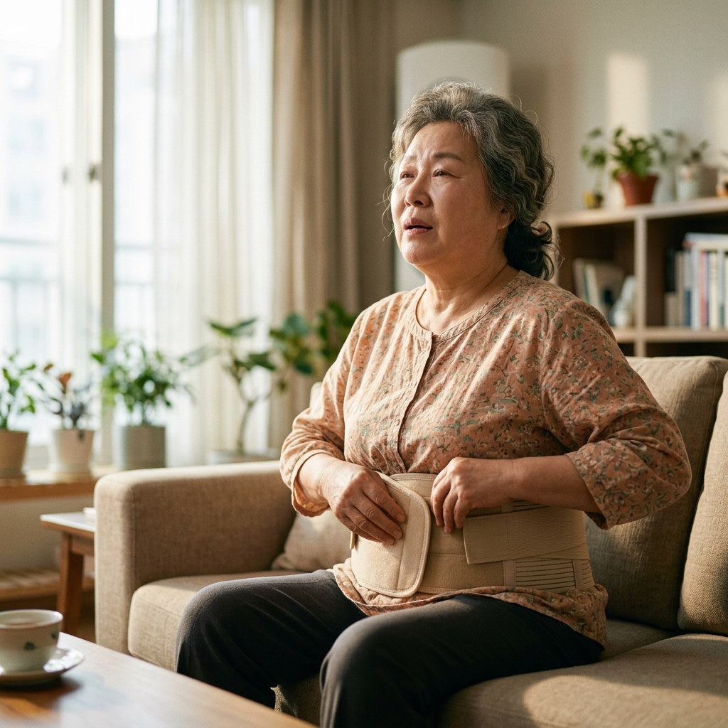 70대 여성이 거실에서 허리에 단단한 복대를 풀며 안도하는 표정을 짓고 있는 모습, 창가로 따뜻한 빛이 들어오는 아침 실내