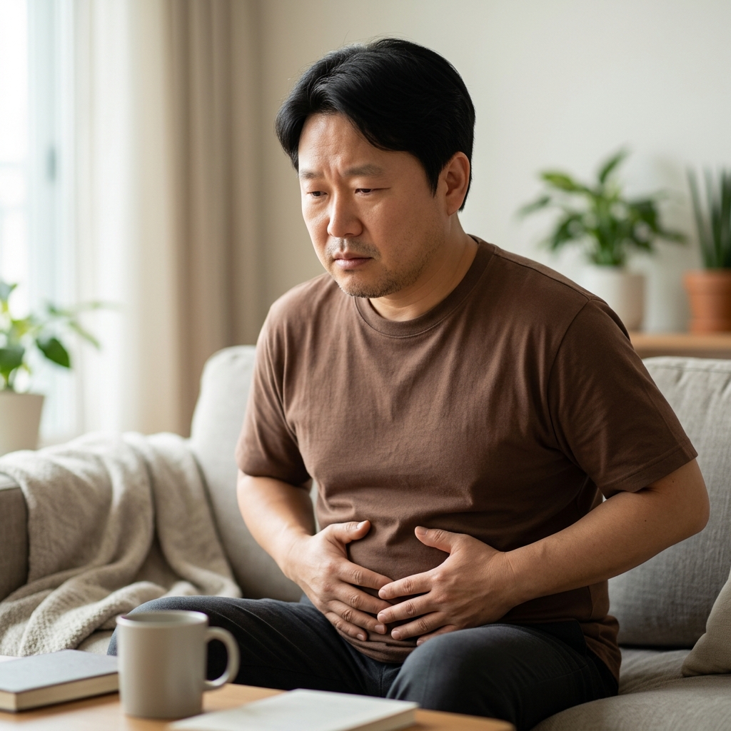 배를 감싸 쥐고 불편한 표정으로 소파에 앉아 있는 50대 중반 여성, 얇은 반팔 블라우스 착용