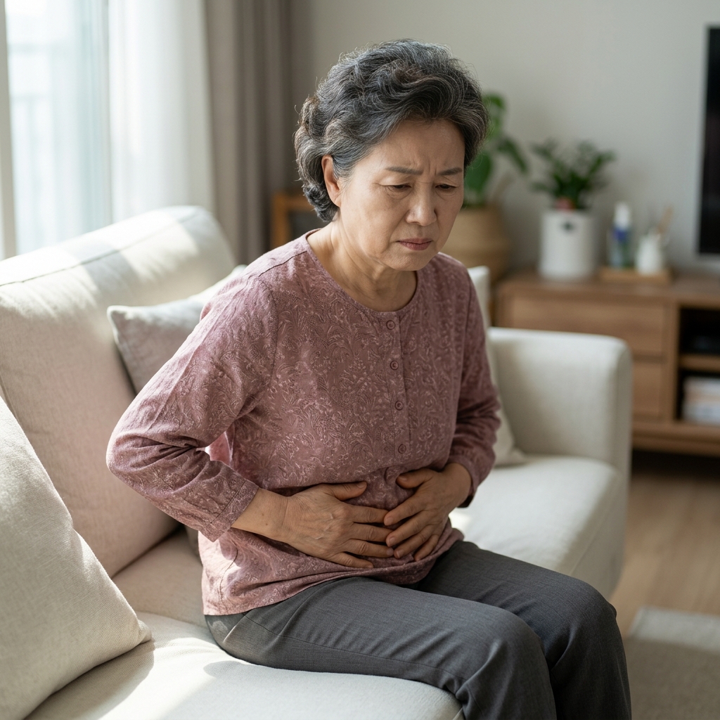 70대 여성이 거실 소파에 앉아 복부를 손으로 감싸며 불편한 표情을 짓고 있다