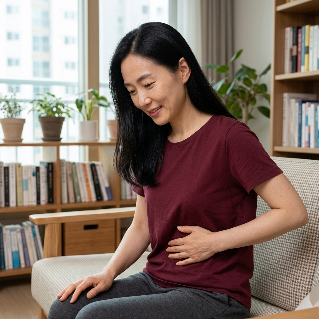 배를 손으로 가볍게 누르며 팽만감을 확인하는 60대 남성, 밝은 색 반팔 셔츠 착용, 실내 밝은 조명