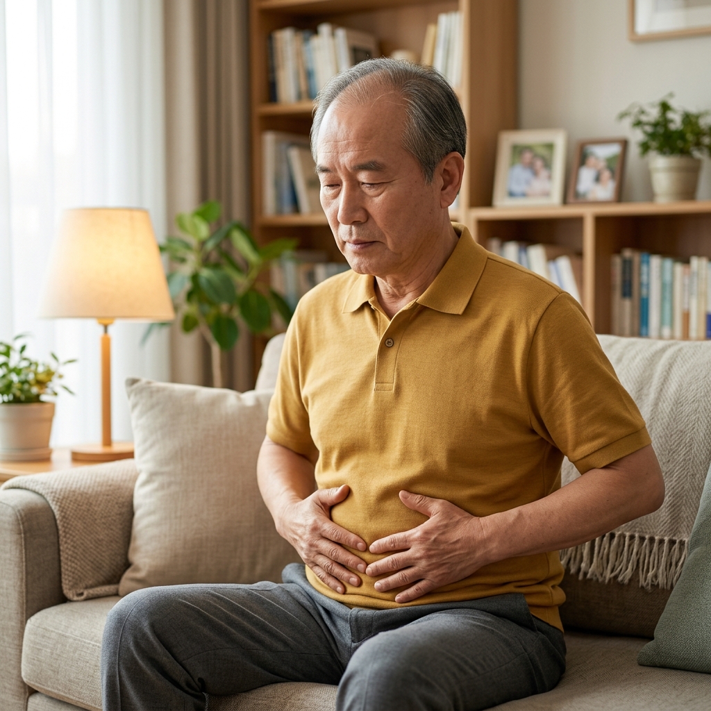 거실 소파에 편안히 앉아 두 손을 배 위에 올리고 천천히 숨을 쉬며 복부 움직임을 느끼는 70대 남성의 정면 모습, 따뜻한 실내 조명 아래 집중하는 표정