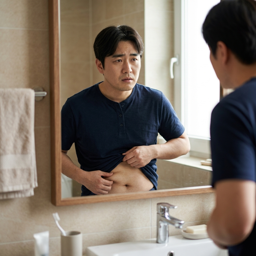 중년 성인이 복부 접힌 부위를 거울로 확인하며 걱정스러운 표정을 짓는 모습