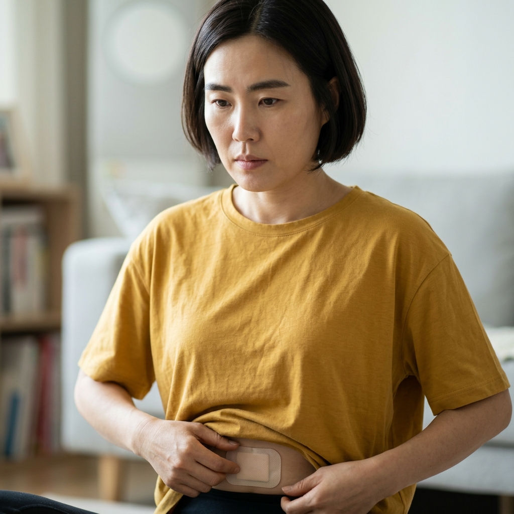 복부에 땀 흡수 패드를 붙이고 통풍 잘 되는 면 소재 옷을 입은 사람의 모습