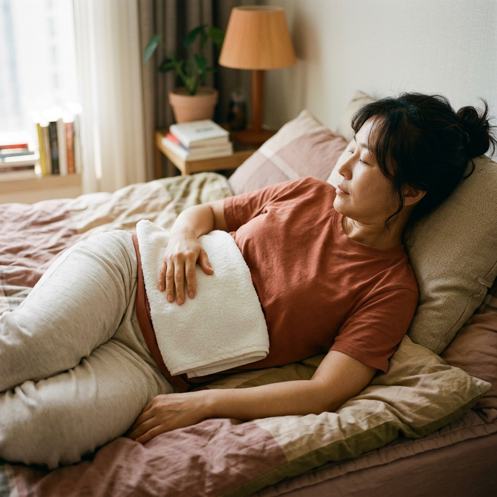 침대에 옆으로 누운 채 복부 측면에 손을 가볍게 얹고 따뜻한 수건을 올린 중년 여성