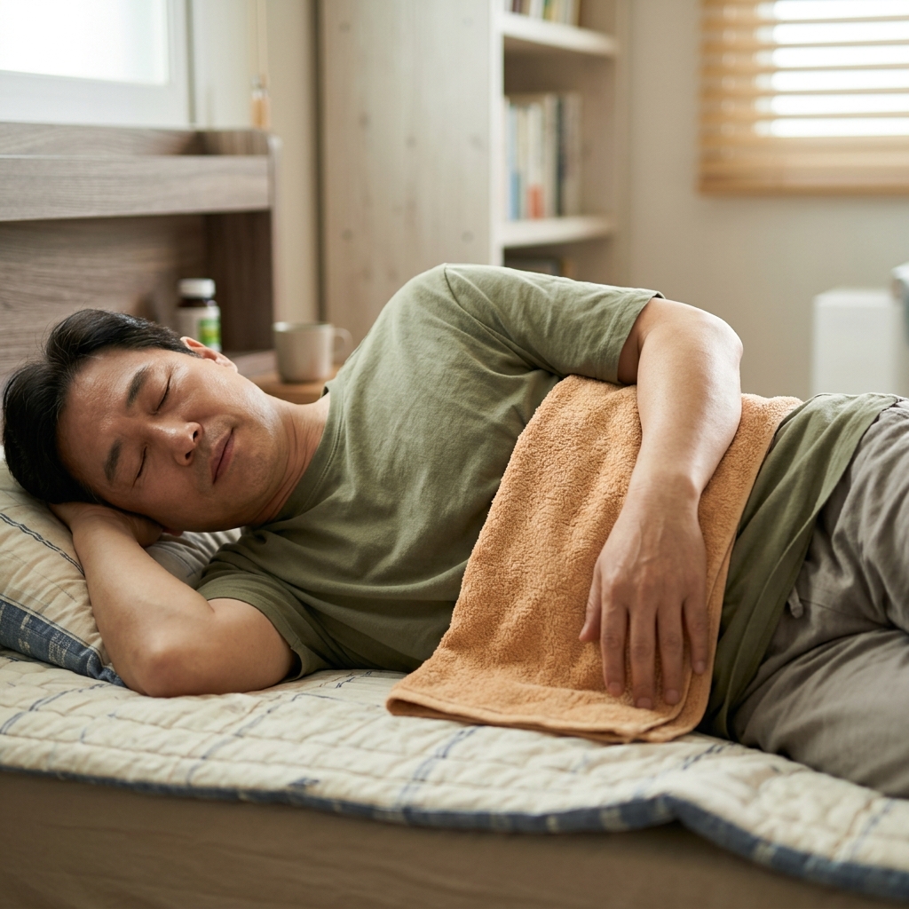 침대에 옆으로 누워 복부 측면에 따뜻한 수건을 올린 채 눈을 감고 호흡하는 중년 남성
