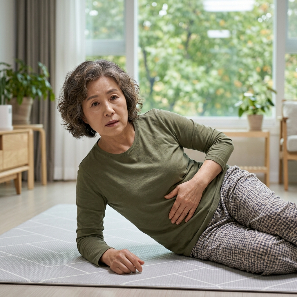 60대 후반 여성이 거실 바닥 매트 위에 누운 채 상체를 살짝 일으키며 배 중앙을 손으로 확인하는 모습, 긴팔 면 티셔츠와 편안한 실내복 착용, 창밖으로 초록 잎이 보이는 실내