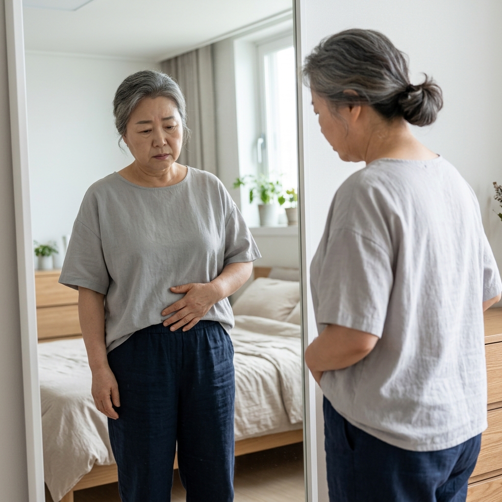 70대 여성이 거울 앞에서 배 부위를 살피며 걱정스러운 표정으로 서 있는 장면