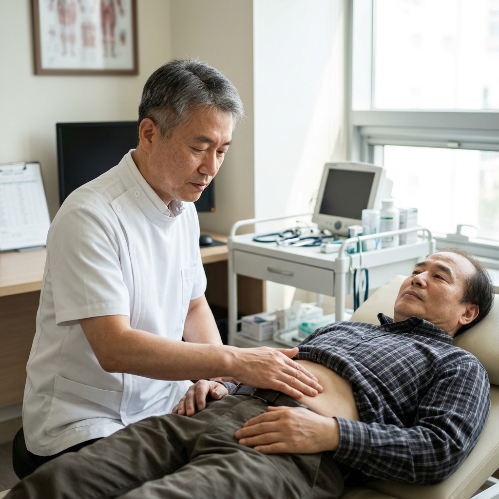 의사가 환자의 복부를 촉진하며 혈관 상태를 확인하는 진료 장면