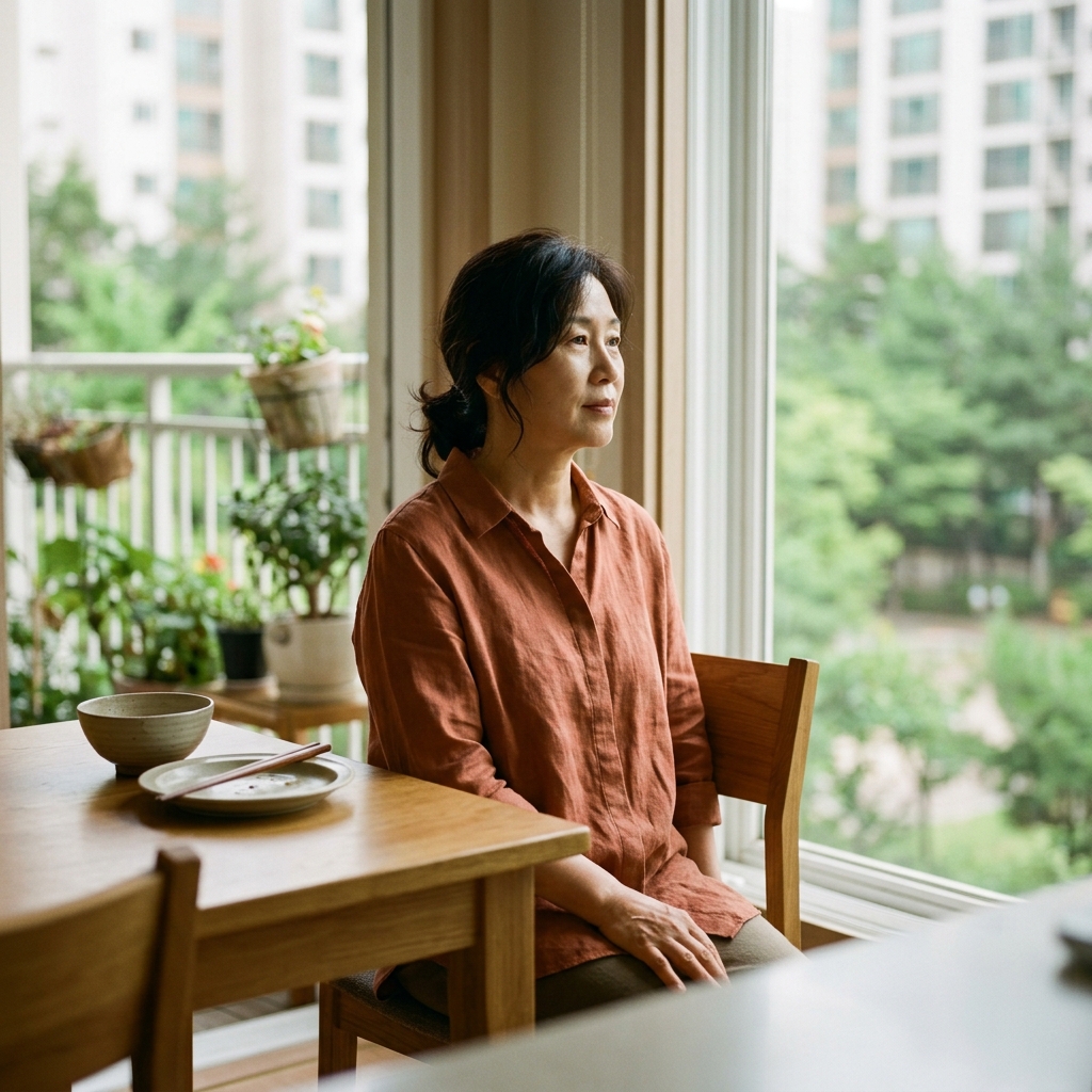50대 여성이 식사 후 의자에 편안히 앉아 상체를 곧게 세운 채 창밖을 바라보는 모습, 실내는 따뜻한 자연광이 들어오고 테이블 위에는 빈 그릇이 놓여 있다