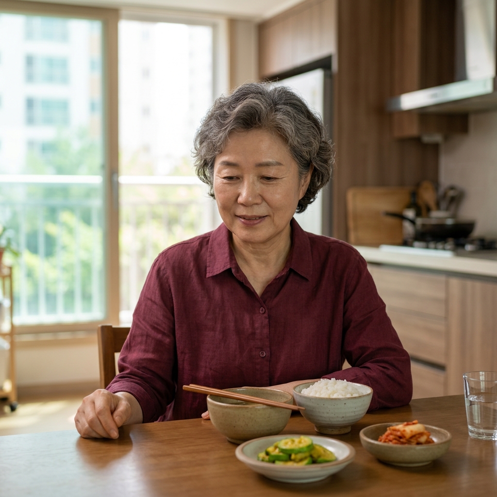 60대 여성이 집 주방에서 쌀밥과 푹 익힌 애호박 반찬을 차린 식탁 앞에 앉아 있는 장면, 창밖으로 밝은 자연광이 들어오고 긴팔 셔츠를 입은 모습
