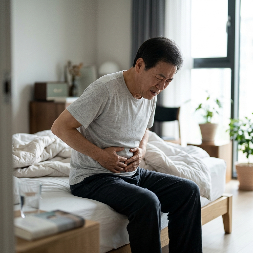 침대에서 일어나려다 배를 잡고 얼굴을 찌푸린 70대 남성, 얇은 회색 면 티셔츠