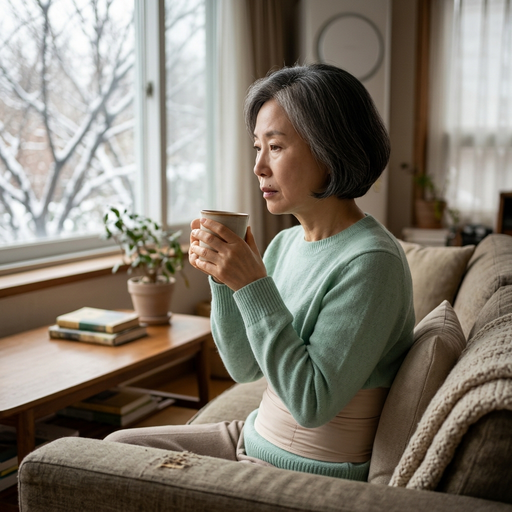 60대 여성이 거실 소파에 앉아 실크 복대를 복부에 두르고 따뜻한 차를 마시는 모습, 창밖으로 겨울 나뭇가지가 보이고 실내는 자연광이 부드럽게 들어오며 편안한 표정