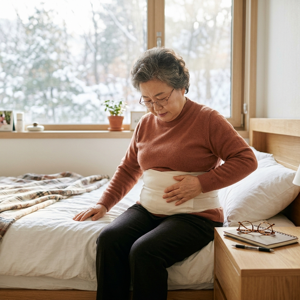 70대 여성이 침대에 앉아 복부에 실크 복대를 착용한 상태로 손으로 만지며 피부 상태를 확인하는 모습, 침실 창밖으로 겨울 햇살이 들어오고 침대 옆 탁자에 안경과 수첩이 놓여 있음