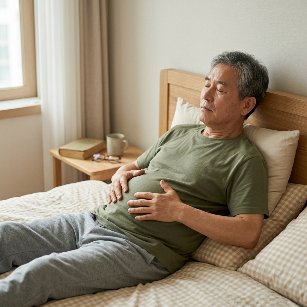 조용한 방에서 70대 남성이 침대에 반쯤 기대 누워 양손을 배 위에 올린 채 코로 천천히 숨을 들이마시며 배가 부풀어 오르는 모습
