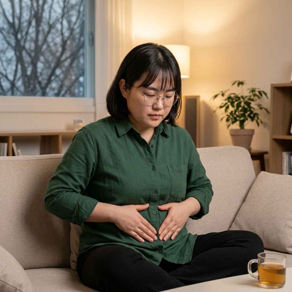 70대 여성이 거실 소파에 앉아 손바닥으로 배 주변을 부드럽게 누르며 복부 지압을 하는 장면, 창밖으로 겨울 나뭇가지가 보이고 실내는 따뜻한 조명