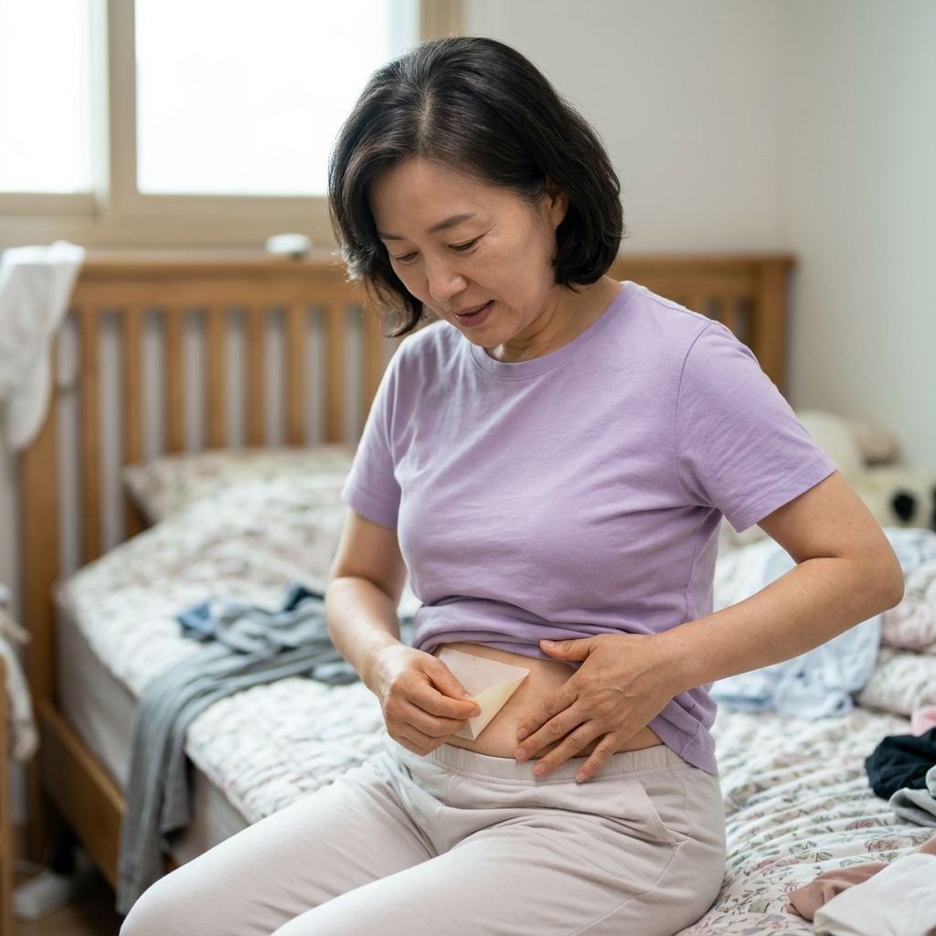 중년 여성이 복부 파스를 천천히 떼어내며 다른 손으로 주변 피부를 눌러주는 모습, 실내 침실, 반팔 면 티셔츠