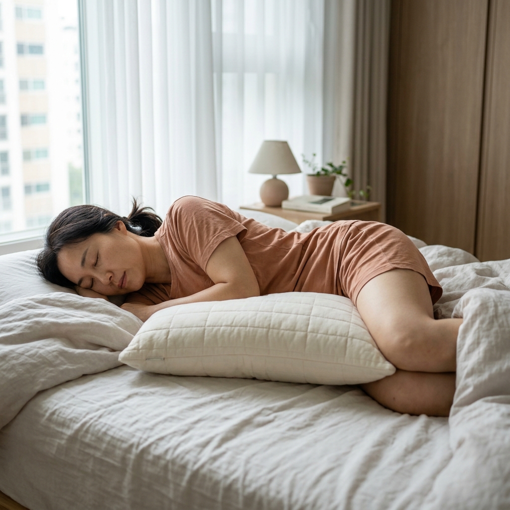 옆으로 누운 중년 여성이 무릎 사이에 쿠션을 끼운 채 편안하게 잠든 모습