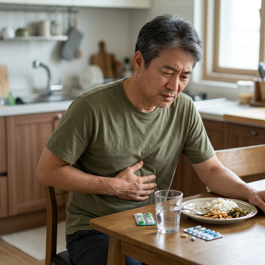 50대 중반 남성이 식탁 앞에서 상복부를 손으로 누르며 불편한 표정을 짓고 있고, 테이블 위에 물 한 잔과 위장약 두 종류가 놓여 있는 장면