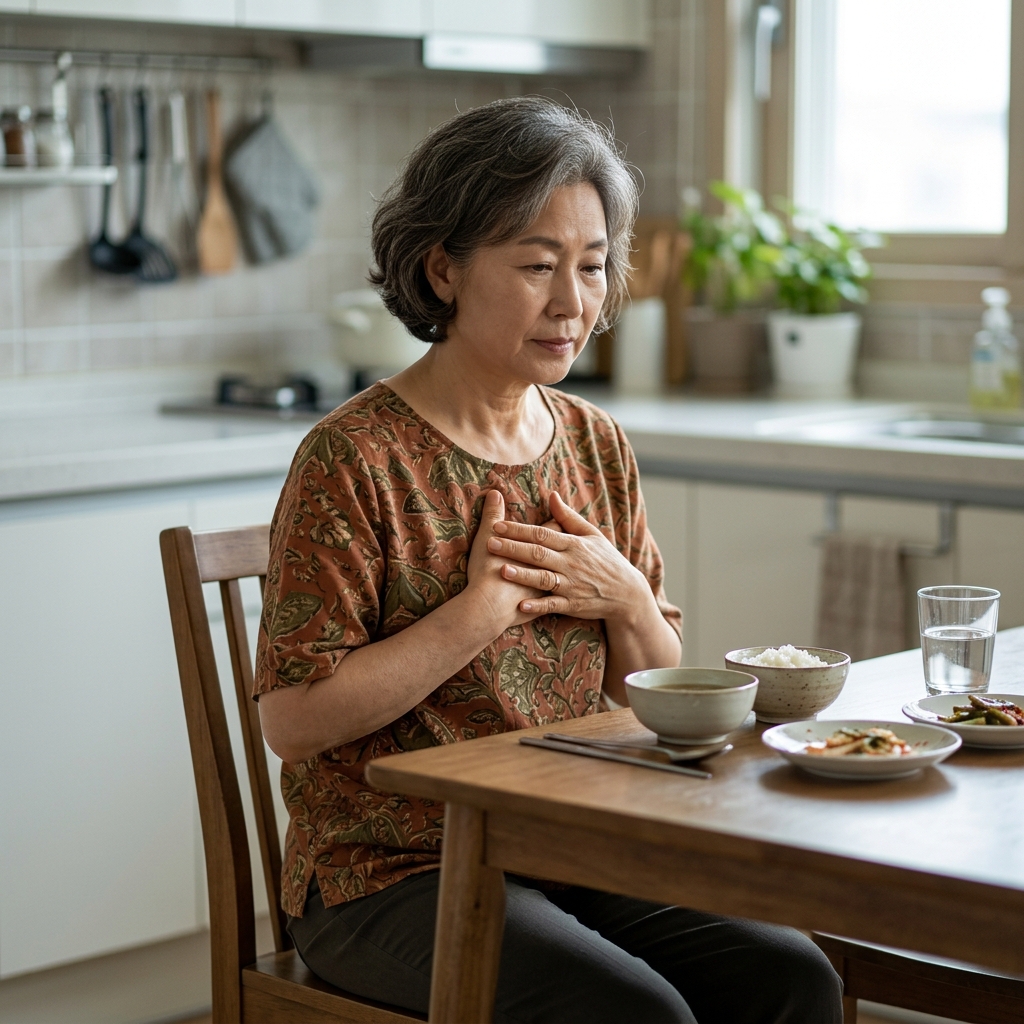 식사를 마친 60대 중반 여성이 식탁 의자에 허리를 세우고 앉아 양손을 명치에 올리고 있다