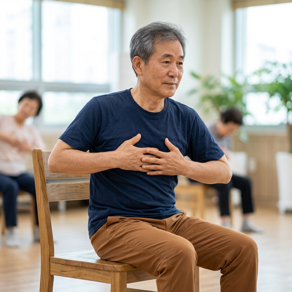 의자에 앉은 60대 후반 남성이 양손을 명치에 올린 채 상체를 오른쪽으로 천천히 비틀고 있다