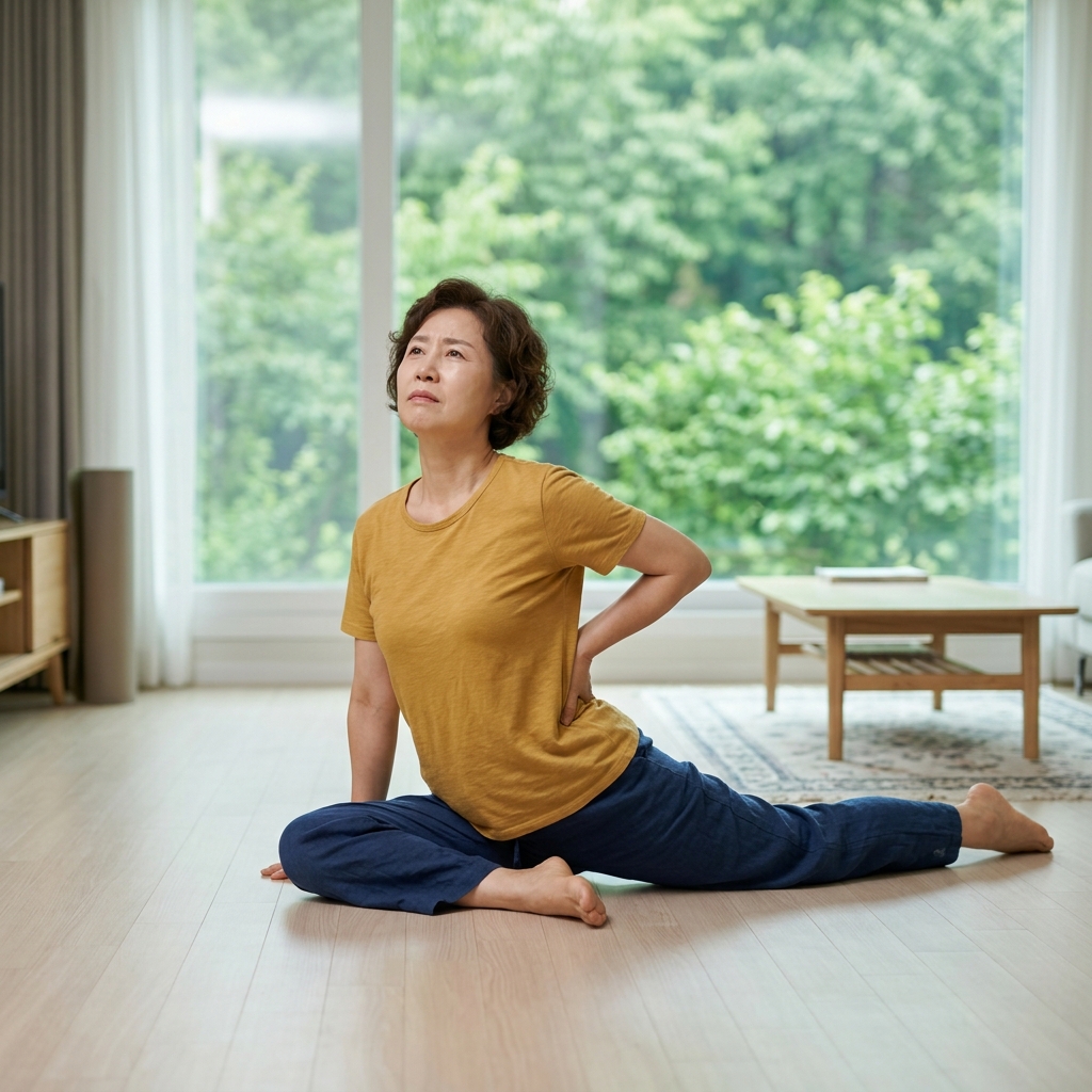70대 시니어가 방바닥에 앉아 허리를 과하게 뒤로 젖히는 코브라 자세를 취하며 허리에 손을 대고 불편한 표정을 짓고 있는 모습, 얇은 반팔 티셔츠, 창밖 녹음, 밝은 여름 오전 실내