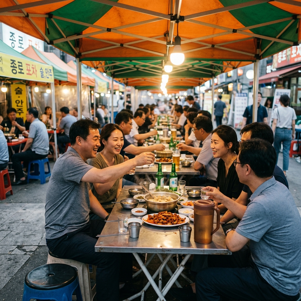 서울 종로3가 포장마차 거리 전경, 천막 아래 사람들이 앉아 술을 마시는 노상 풍경