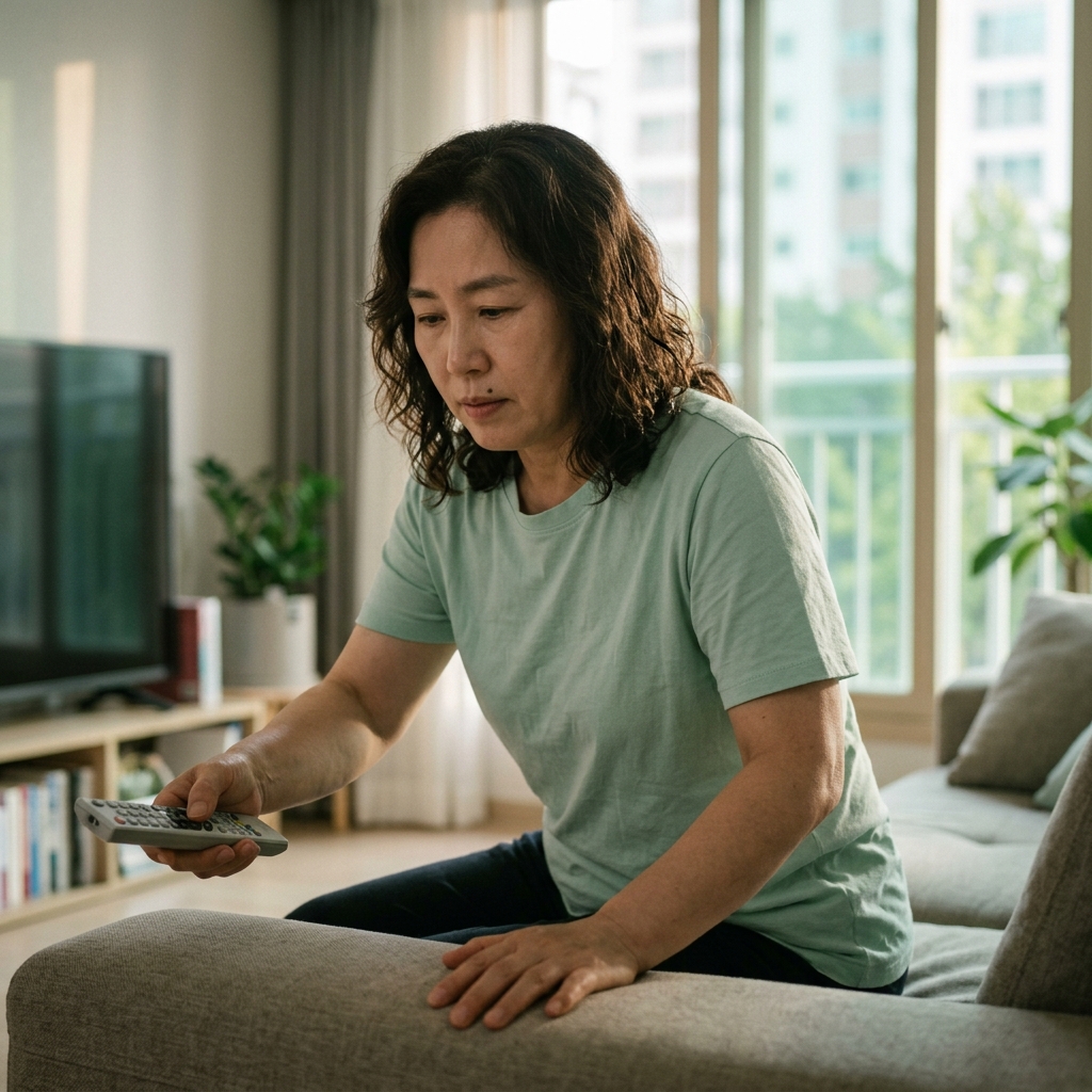 거실 소파에 앉아 TV 리모컨을 든 70대 어르신이 무릎을 짚으며 일어서려는 모습, 창밖으로 은은한 오후 햇살