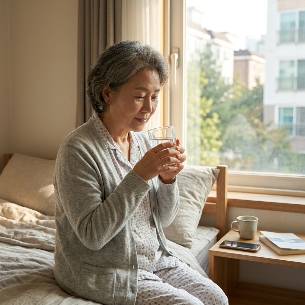 침대 옆 탁자에 놓인 미온수 한 잔과 창밖으로 들어오는 아침 햇살, 옅은 회색 가디건을 입은 60대 후반 여성이 물잔을 들고 있는 모습