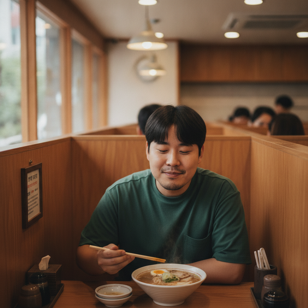 칸막이로 나뉜 1인 라멘 좌석 풍경