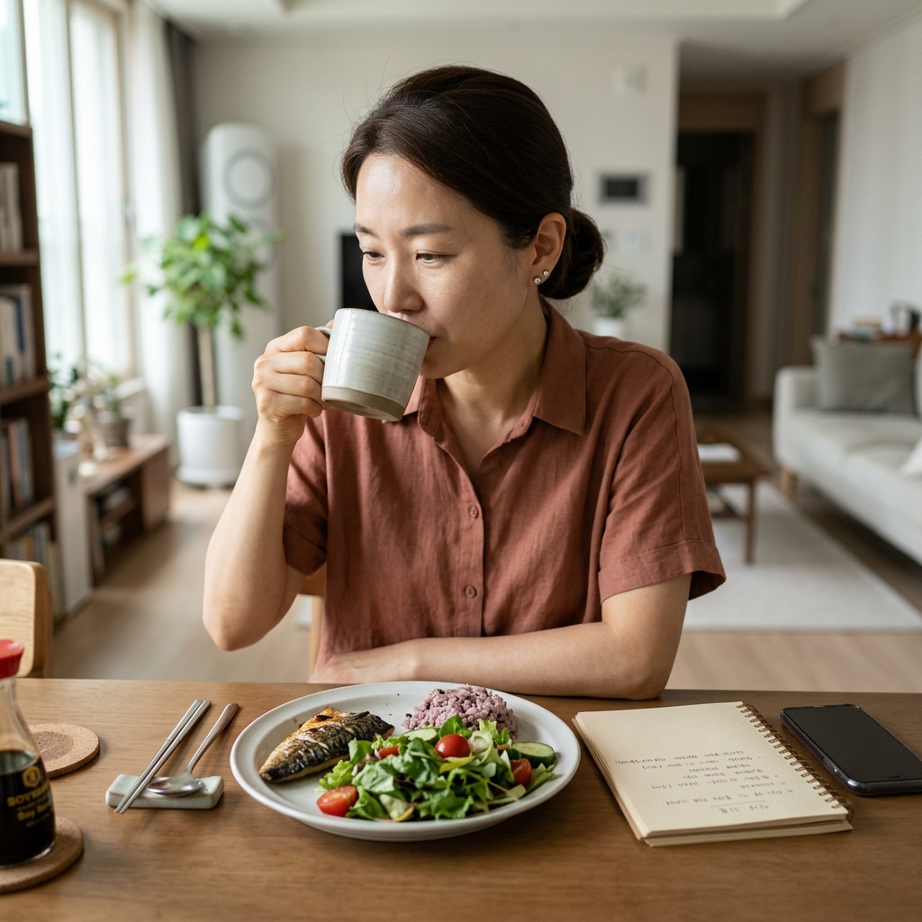 40대 여성이 집 식탁에서 샐러드와 구운 생선이 담긴 접시 앞에 앉아 물을 마시며 식사 기록 노트를 펼쳐두고 있는 장면